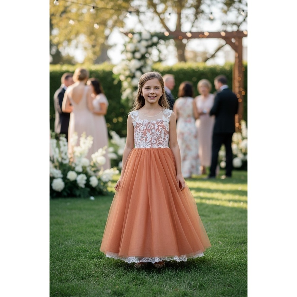 Girls Burnt Orange Tulle Dress 10‎ White Embroidery Long Formal Flower Girl NWT